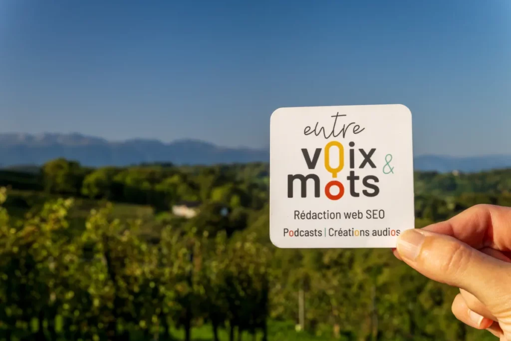 Carte de visite d'Entre voix et mots devant la chaîne des Pyrénées près de Pau