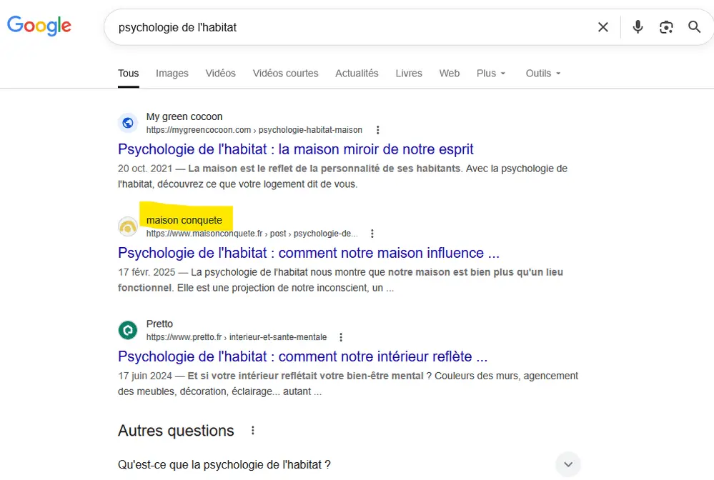 Capture d'écran de la position sur Google de l'article de blog d'une cliente, 2ème sur son mot-clé